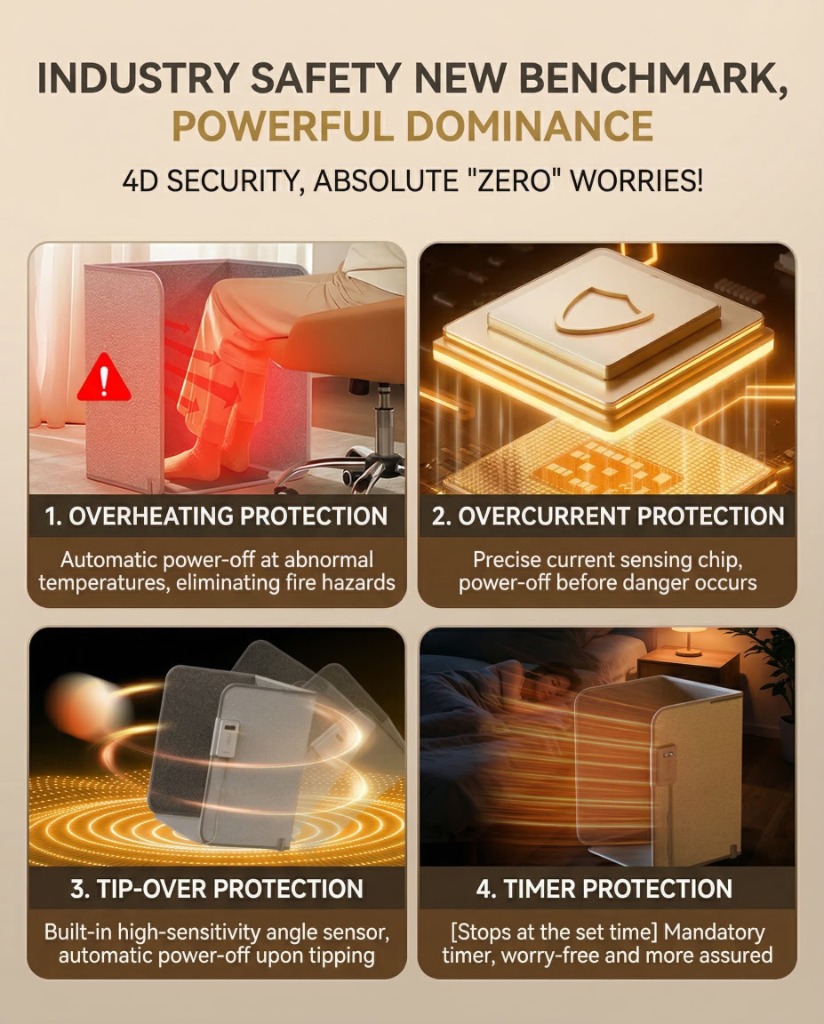 4D Security: overheating, overcurrent, tip-over, timer protection